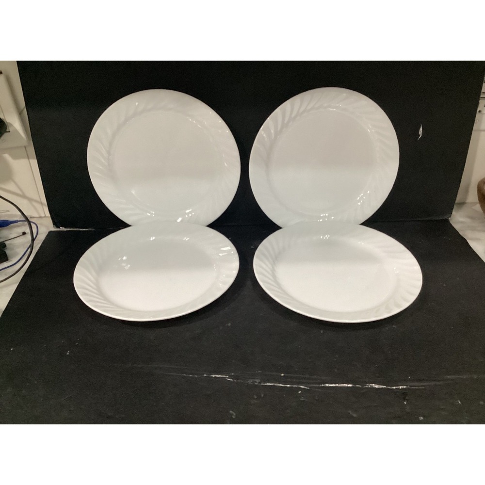 Set of 4 Corelle by Corning Enhancements White Swirl Edge Dinner Plates